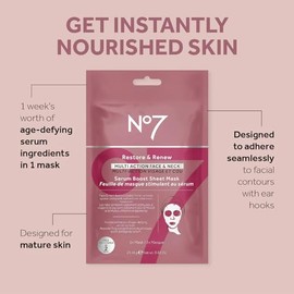 No7 Restore y renueve la máscara de refuerzo de suero facial y cuello multiacción, antienvejecimiento, reafirmante y reductora de arrugas para hidrata