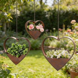 Romooa 3 Pcs 3 Size Heart Metal Hanging Planter Indoor Outdoor, 13.4" 10.6" 7" Large Metal Plant Hangers Vintage Flower Pot with Hook Chain Drain Hole Gift for Gardener Women Mom Home Decor(Brown)