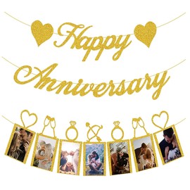 Happy Anniversary Banner, Gold Flash Anniversary Decorations with Photo Frame for Wedding Anniversary Party （3 Pack）