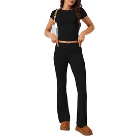 M_Eshop 2 Piece Set Women Outfit Lounge Sets Skims Short Sleeve Top And Flare Leggings Fold Over Yoga Pants Pajamas Set (CA/US, Alpha, Medium, Regular, Regular, Black)