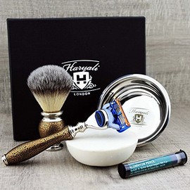 Haryali London Golden Antique Men's 5 Edge Razor Set, Shaving Brush, Shaving Soap, Razor Stand and Alum Pen