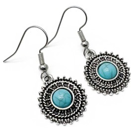 Round Turquoise Earrings, Tibetan Silver Charms with Blue Resin Stone on Nickel Free Hooks : 34mm long, Cute Boho Drop Earrings, Retro Gift for Women