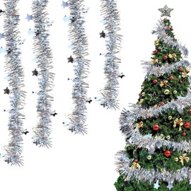shallyong Tinsel Christmas Tree, Pack of 6 Christmas Garland, 2 m, Tinsel Garland, Silver, Christmas Tree Decoration Garland, Tinsel Garland Christmas, for Party Hanging Decorations