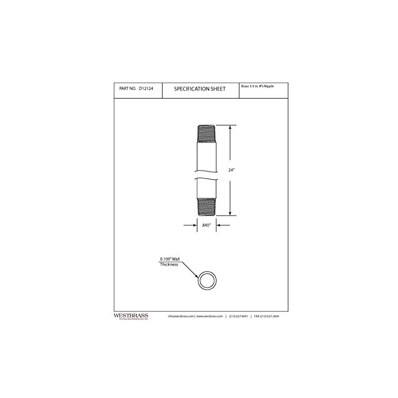 Westbrass 1/2" x 24" IPS Pipe Nipple, Polished Chrome, D12124-26