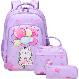 Cat Unicorn Children's Backpack Girls Cute Backpack for Children Students 3-Piece Sets School Bag for Children Girls Waterproof School Bags for School 1-3 Class, Balloons Cat Purple, playful