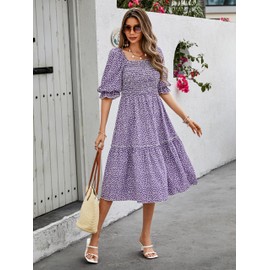 PRETTYGARDEN Womens 2025 Summer Casual Short Sleeve Sun Dress Square Neck Floral Elegant Formal Tiered Midi Dresses (Purple White Flower,XL)