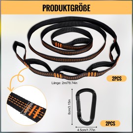 2 Stück Hängematte Befestigung Set, 2 m x 2,5 cm Aufhängung Gurte mit 2 Hakenkarabinern + 1 Aufbewahrungstasche, 300 kg Tragfähigkeit für Hängematte, Schaukel, Hängesessel - Camping, Outdoor, Reise