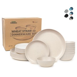 Grow Forward 24-piece Premium Wheat Straw Dinnerware Sets for 8 - Unbreakable Dishwasher & Microwave Safe Plastic Plates and Bowls Sets - Patio, Outdoors, RV, Camping Dishes - Sahara