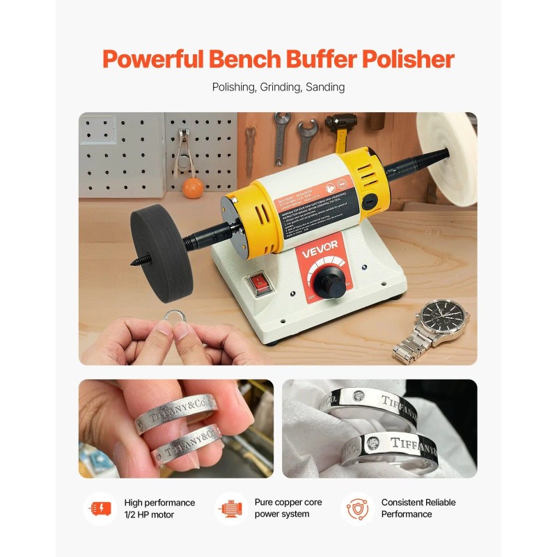 Bench Buffer Polisher 1/2HP 0 to 8000RPM 3-inch & 4-inch
