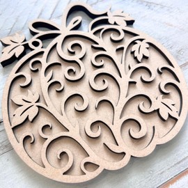 Two-Layer Scroll Pumpkin with Leaf Accents Wood Cutout – Unfinished Wooden Fall Craft Shape for DIY Autumn Décor (1/8" MDF 14" Tall)
