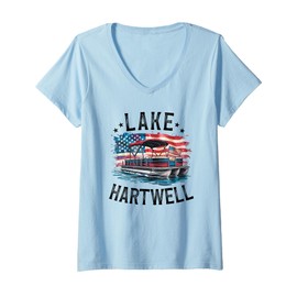 Womens Lake Hartwell American Flag Pontoon Boat V-Neck T-Shirt