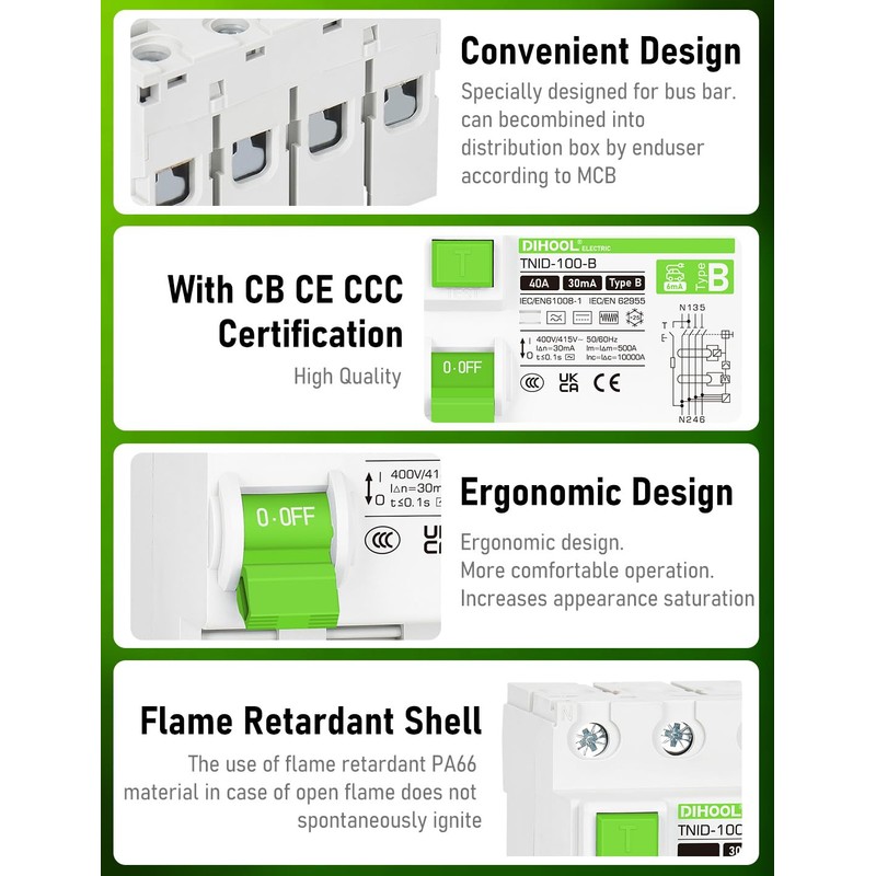 DIHOOL RCD Type B FI Circuit Breaker 40A 30mA 4-Pin