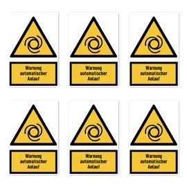 Stickers: 75 x 50 mm, Pack of 6 – Warning Automatic Start – Warning Sign with Text (German) (Yellow/Black) – Vertical – W018 – DIN EN ISO 7010 / ASR A1.3