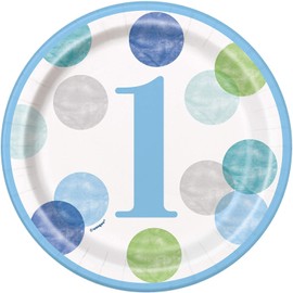 Dots - Platos de postre redondos de papel para el primer cumpleaños, 7 pulgadas, color azul, 8 unidades