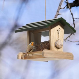 Wooden Bird Feeder for Small Birds, H x D 20 x 23 x 20 cm, Natural with Green Roof, Bird Feeder with Fat Ball Holder for Garden, Patio or Balcony