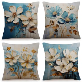 OYIMUA Blue Cushion Covers 45 x 45 Linen Floral Cushions Covers Set of 4 Square Cushion Cover 18 x 18 Inches Decorative Pillows Sofa Throw Pillow Cases Outdoor Cushion Cases Home Decor