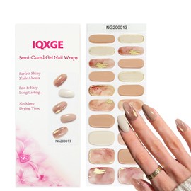 IQXGE Gold Semi Cured Gel Nail Strips UV/LED Light Needed 20Pcs Cream Gel Nail Stickers with Design Glossy Marble Nails Polish Strips Full Polish Self Adhesive Nails Wraps for Women