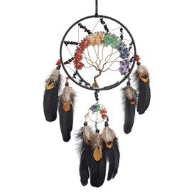 7 Chakras Dream Catchers Tree of Life Dream Catcher Black Feather Wall Decor with Rainbow Healing Crystal Stone Ornaments Wall Art Hanging for Bedroom Home Decor Blessing Gift Wedding Party -23.6"
