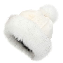 La Carrie Women's Faux Fur Hat Russian Cossack Pompom Cap for Winter Ski White