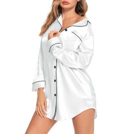 SWOMOG Women's Button Down Satin Nightshirt Long Sleeve Silk Sleepshirt Button Down Sleepwear White