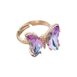COLORFUL BLING Adjustable Elegant Transparent Crystal 3D Butterfly Rings for Women Aesthetic Gold Plated Cute Animal Insect Open Finger Cuff Ring Birthday Valentine Gifts-transparent light purple
