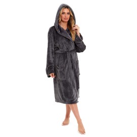 Daisy Dreamer Womens Hooded Dressing Gown Robes Flannel Fleece Long Super Soft Plush Robe Bathrobe Gowns for Ladies (Charcoal, S)