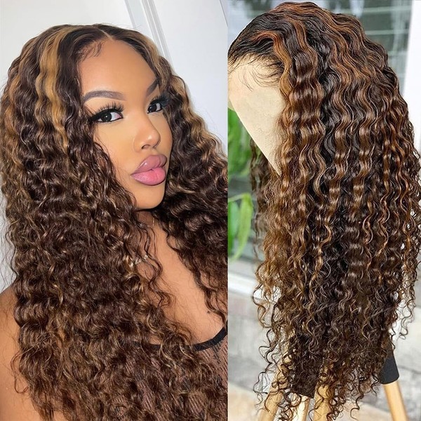 4/27 Highlight Ombre Lace Front Wigs Human Hair Deep Wave 24 Inch 13x4 Curly Lace Frontal Closure Wigs for Woman Human Hair Glueless Pre Plucked with Baby Hair Brazilian Human Hair Wig 150% Density