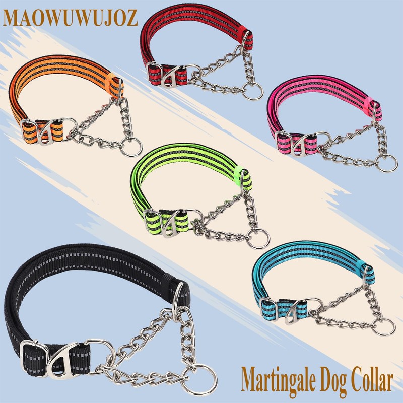 Martingale Collar with Steel Chain,Reflective Nylon Dog Collar with Soft