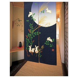 のれん 暖簾 和風 カーテン かわいい お洒落 デザイン 和室 洋室兼用 リビング 台所 洗面所 玄関用のれん 間仕切り 目隠し 省エネ エコ 満月 ウサギ 縁起物 開運のれん 風水 置物 ファブリック お部屋 飾り インテリア雑貨 ブルー