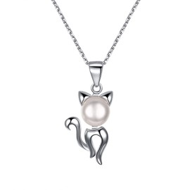 EVER FAITH Cat Necklace 925 Sterling Silver Freshwater Cultured Pearl Jewellery Gift for Women Girls