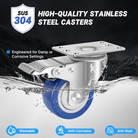 Nefish Stainless Steel Castor Wheels 3 Inch with Brake,Rust-Proof 304 Heavy Duty Casters Set of 4, Anti-Corrosion Industrial Stainless Steel Caster for Furniture,Labs,Restaurants,Outdoor