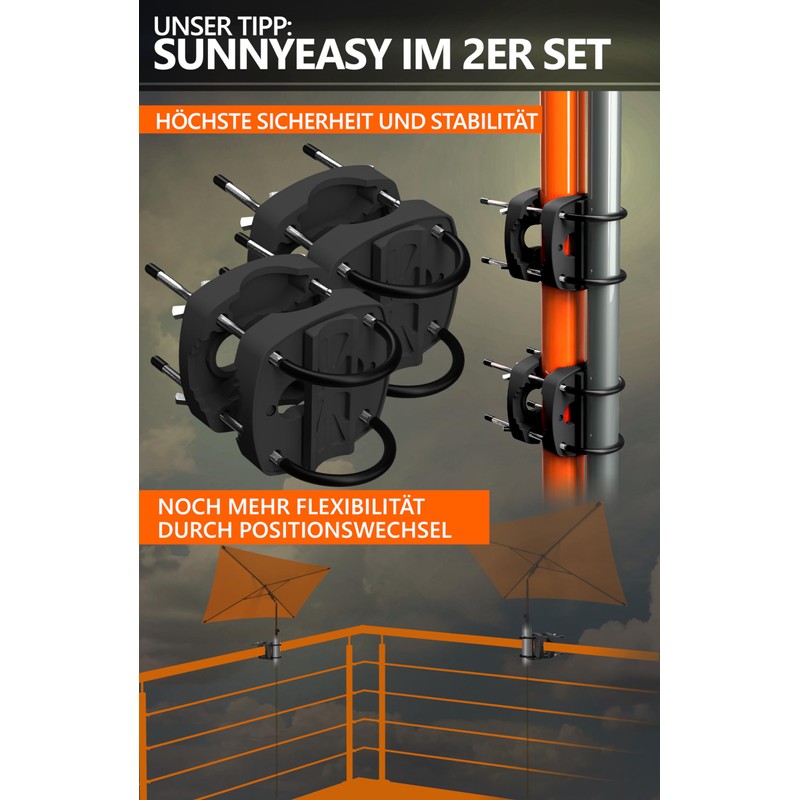 4smile SunnyEasy Parasol Holder, Balcony Railing, Black, Functional Parasol Holder,