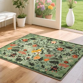 Asrug Flroal Small Area Rug 2x3 - Vintage Entryway Washable Rug Non-Slip, Machine Indoor Rugs 2'x3', Easy Clean Soft Low Pile Indoor Floor Decor for Kitchen Office Bathroom, Green