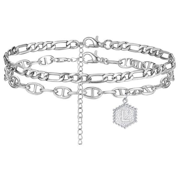 2PCS Silver Initial Ankle Bracelets for Women Dainty Double Layered