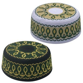 AKONNAS 2Pcs Muslim Prayer Kufi Hats for Men Islam Beanie Skull Cap Embroidered Topi Round Cap Headwear Ramadan Eid Gift(Green+Yellow)