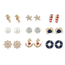 Lux Accessories Gold Tone Crystal Pearl Red White Blue Nautical Earring Set
