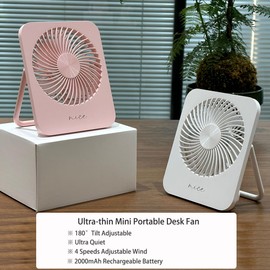 Sireck Desk Fan Battery Operated Portable Fan,2000mAh USB Rechargeable Fan, 4 Speeds Adjustable 180°Tilt Ultra-thin Mini Personal Fan For Home,Desktop,Camping,Travel (White)