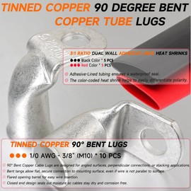 Tinned Copper Cable Lugs 10pcs 1/0 AWG-3/8 90 Degree Bent Battery Lugs,Heavy Duty Wire Lugs,Ring Terminal,0 Guage terminals,Battery Cable Ends/Terminal Connectors with 10pcs 3:1 Heat Shrink Tubing