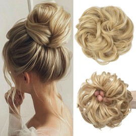 CJL HAIR Large Messy Bun Hair Piece Wavy Curly Scrunchies Synthetic Chignon Ponytail Hair Extensions Thick Updo Hairpieces for Women Light Honey Blonde