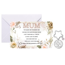 Mum Aluminium Glossy 15cm x 10cm Birthday Card, Mothers Day or Christmas Card and Mum Keyring from Daughter Son Set Keepsake, Birthday Mummy, Mother Greeting Cards for Women Mother Gifts