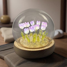 ALYMACK Tulip Lamp Glass Globe - Illuminated Flower Lamp with Glowing Blooms on Wooden Base - Battery-Powered Decorative Night Light for Bedroom, Living Room & Home Decor