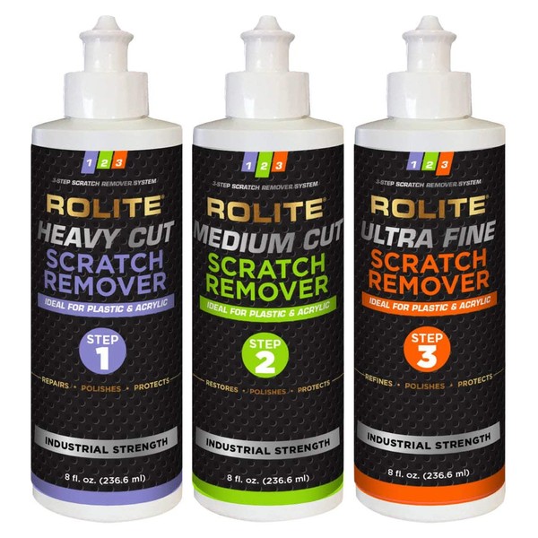 Rolite 3 Step Scratch Removal System for Clear Plastic and Acrylic Surfaces - Heavy Cut, Medium Cut and Ultra Fine Combo Set Removes Scratch and Swirl Marks, 3 - 8 Ounce Bottles