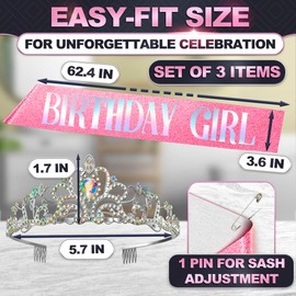 Birthday Girl Sash and Crown - Cute Pink Sash and Crown for Women Crafted From Silky Satin with Glitter Letters & Sparkling Rhinestone - Charming Gift, Elegant Accessory for Birthday & Photo Shoot