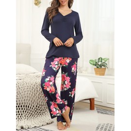 Famulily Ladies Wide Leg Pyjamas Floral Soft Loungewear Winter Pjs Set Cotton Long Sleeve Sleepwear with Pockets Navy M