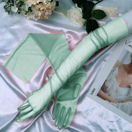 TACKTIMES Women long Wedding Bridal Gloves Mittens Sheer Tulle Elbow Length Opera Party Photography Gloves Accessories (Onesize, Green)