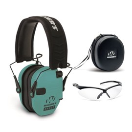Walkers Razor Slim Electronic Shooting Range Earmuffs (Teal) with Case and Glasses Bundle (3 Items)