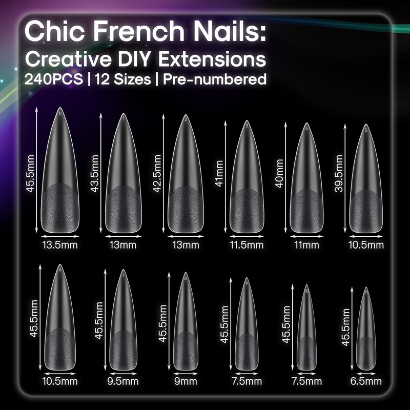 INENK No C Curve XXL Stiletto Nail Tips, Half Matte