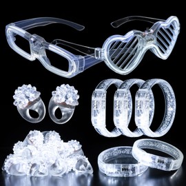 bethmore 50Pcs White Wedding Party Supplies Set 10 LED Flashing Glasses 20 Light up Bracelets and 20 LED Blink Bumpy Rings Glow In Dark Romantic Valentine's day Neon Party Decorative Accessories