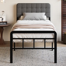 Fly-CTsoar 18 Inch Twin Bed Frame with Upholstered Headboard and Footboard, Heavy Duty Metal Slats, with Under Bed Storage, No Noise, No Box Spring Needed, Easy Assembly, Black