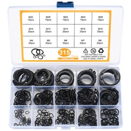 315-Piece Circlip Set, Snap Rings Seegering Assortment Kit, Inner E-Clip Circlips, 4-28 mm External C-Clips, Split Buckles Washers for Grooved Shafts (Black)